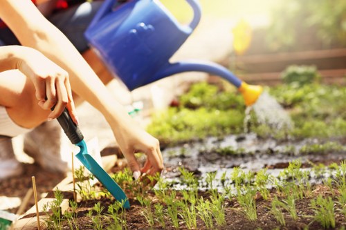 Garden maintenance crew preparing tools beside a lawn in Raynes Park