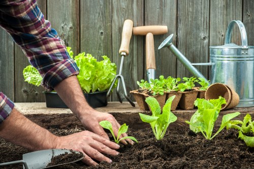 Trainer demonstrating safe tool use to gardening staff